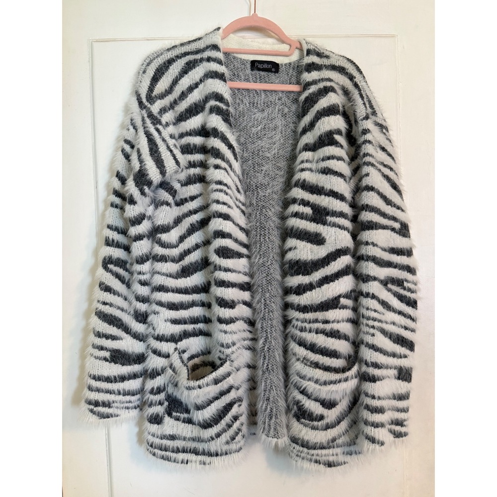 Papillon Zebra Print Eyelash Knit Cardigan Sweater XL Black White Open Front